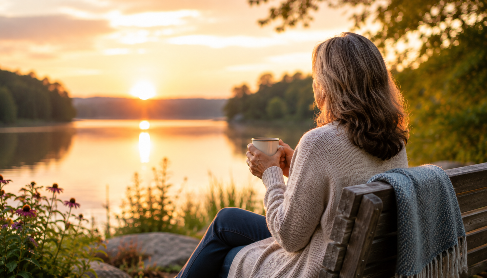 fear-after-heart-attack Woman sitting peacefully on a bench overlooking a calm lake at sunrise, symbolizing healing, hope, and rebuilding a sense of safety after a heart attack.